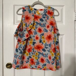 Mud Pie Floral Cold-Shoulder Top in Coral, Yellow & Blue